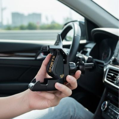 support telephone voiture vu de profil dans main personne