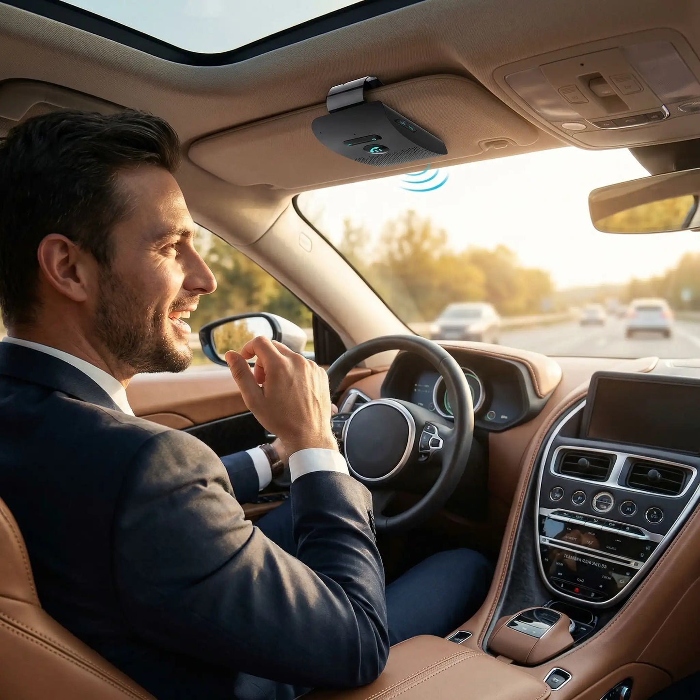 Bluetooth voiture utilisé par homme discute dans voiture