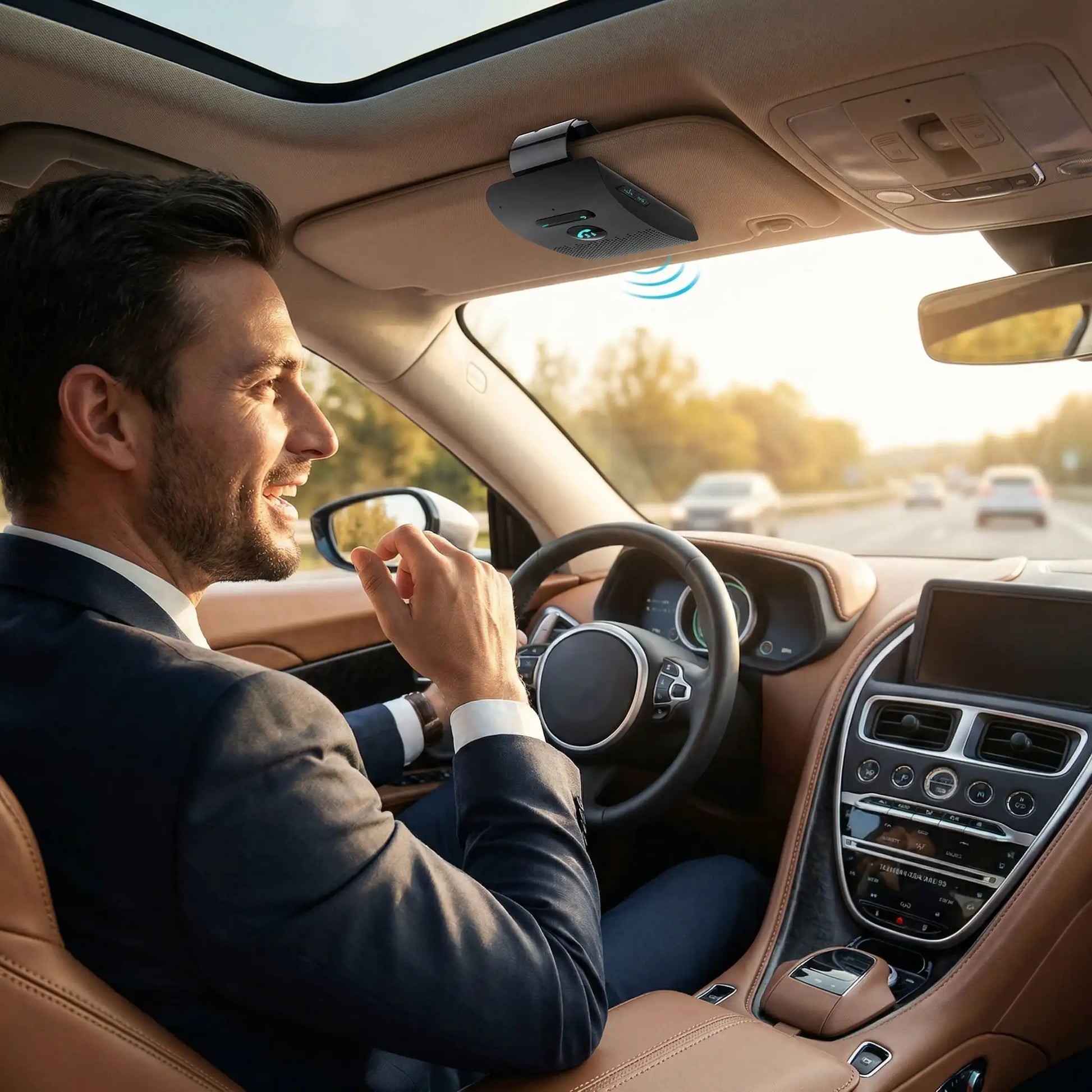 Bluetooth voiture utilisé par homme discute dans voiture