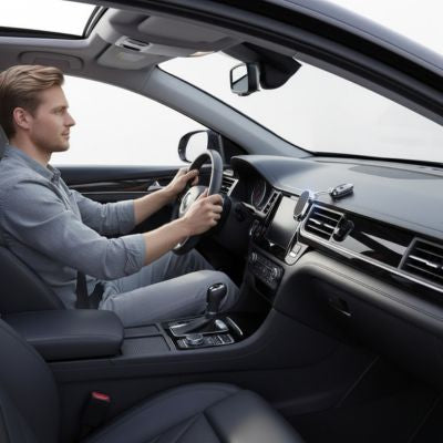 Homme au volant avec support telephone voiture