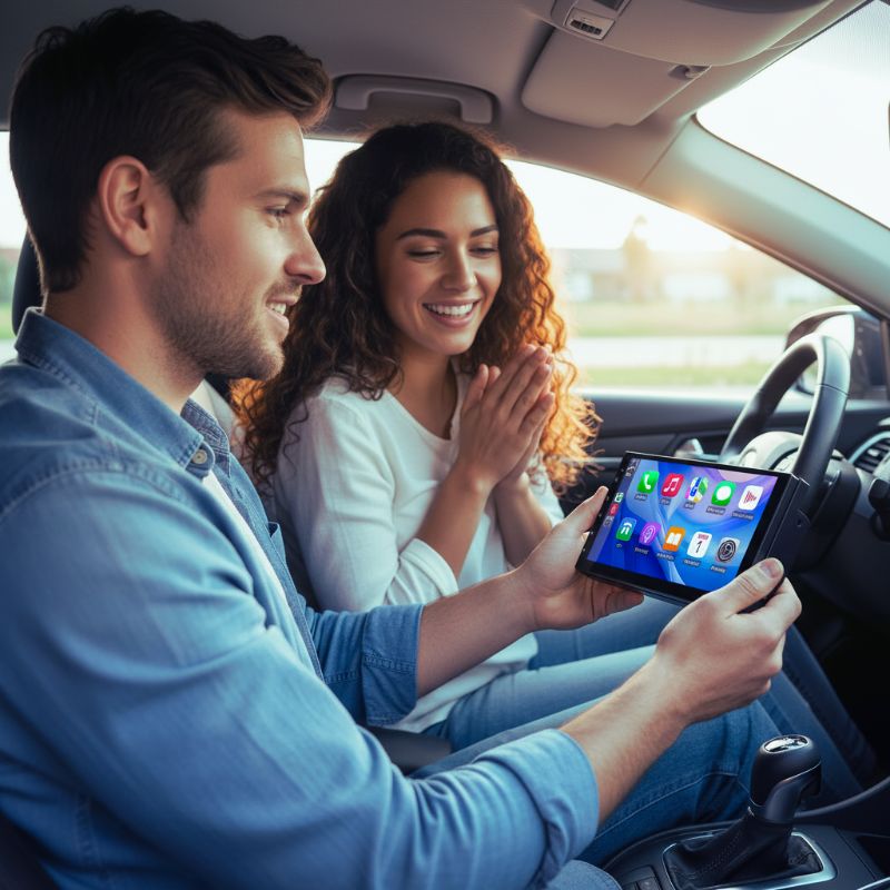 Homme présente Autoradio 2din NexDrive à sa femme