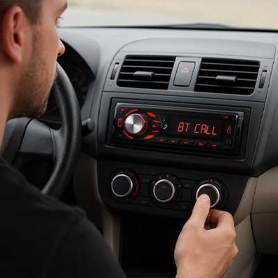 Autoradio AudioX et homme qui fait appel Bluetooth