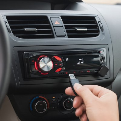 Autoradio AudioX et personne qui va inséré sa clé USB