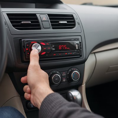 Autoradio AudioX et une personne qui tourne le bouton de contrôle