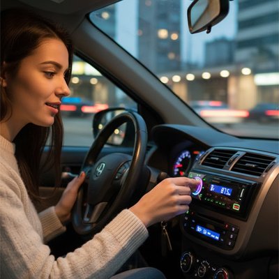 Autoradio Bluetooth Syncro avec jeune femme dans la voiture