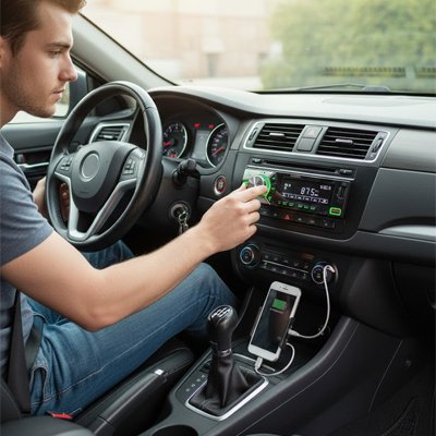 Autoradio Bluetooth Syncro avec jeune homme qui syntonise poste de radio