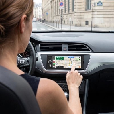 Autoradio carplay DriveX avec femme regardant le GPS