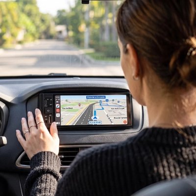 Autoradio carplay Roadix avec femme qui regarde affichage GPS