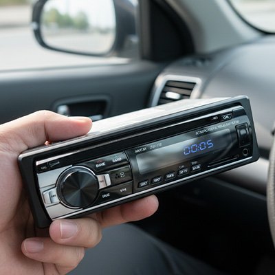 Autoradio SoniX dans la main d'une personne dans une voiture