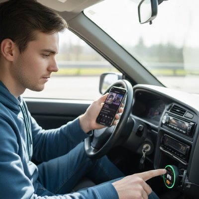 Bluetooth pour la voiture avec homme qui connecte le smartphone