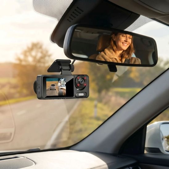 camera pour voiture et femme heureuse au volant