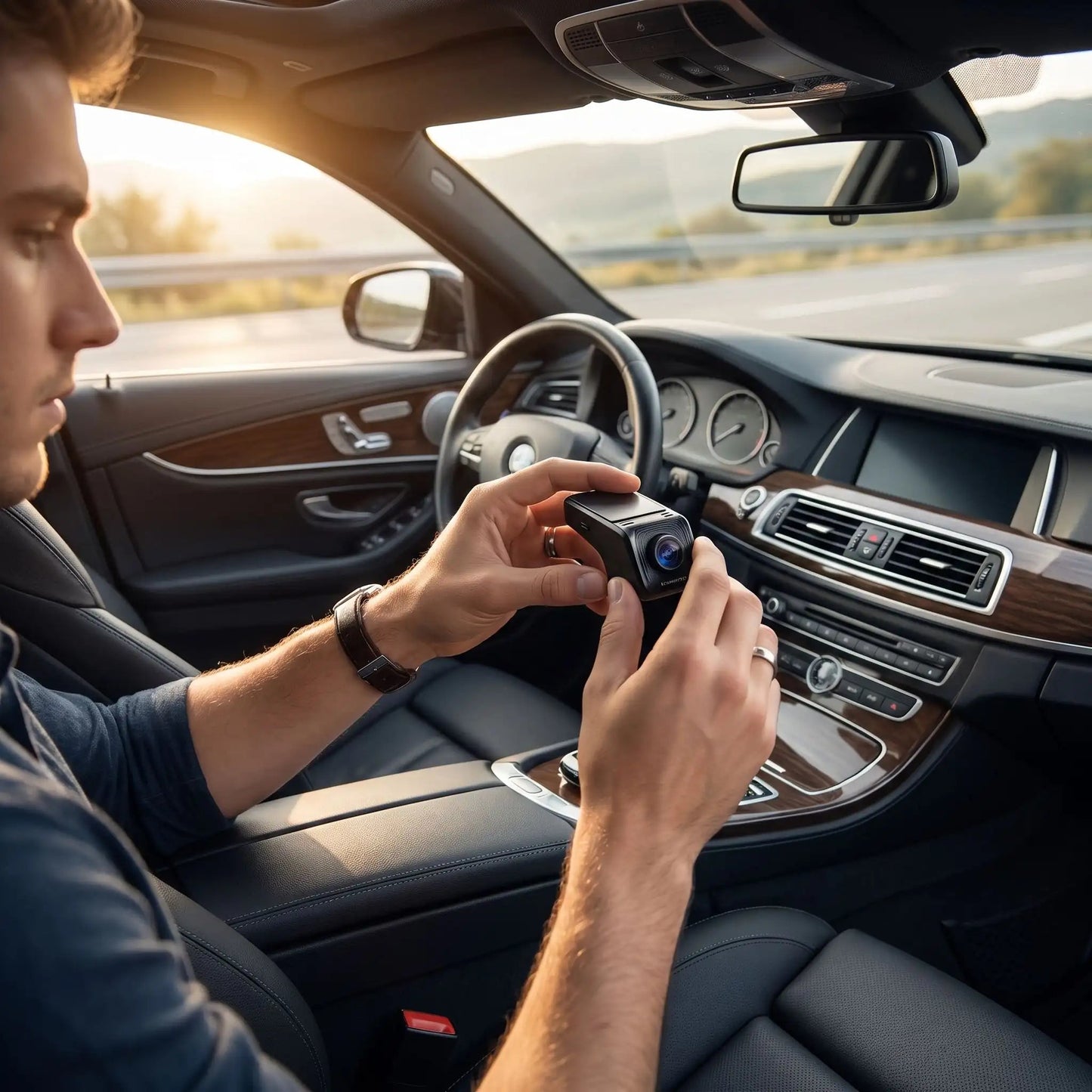 camera pour voiture dans les mains jeune homme assis dans la voiture