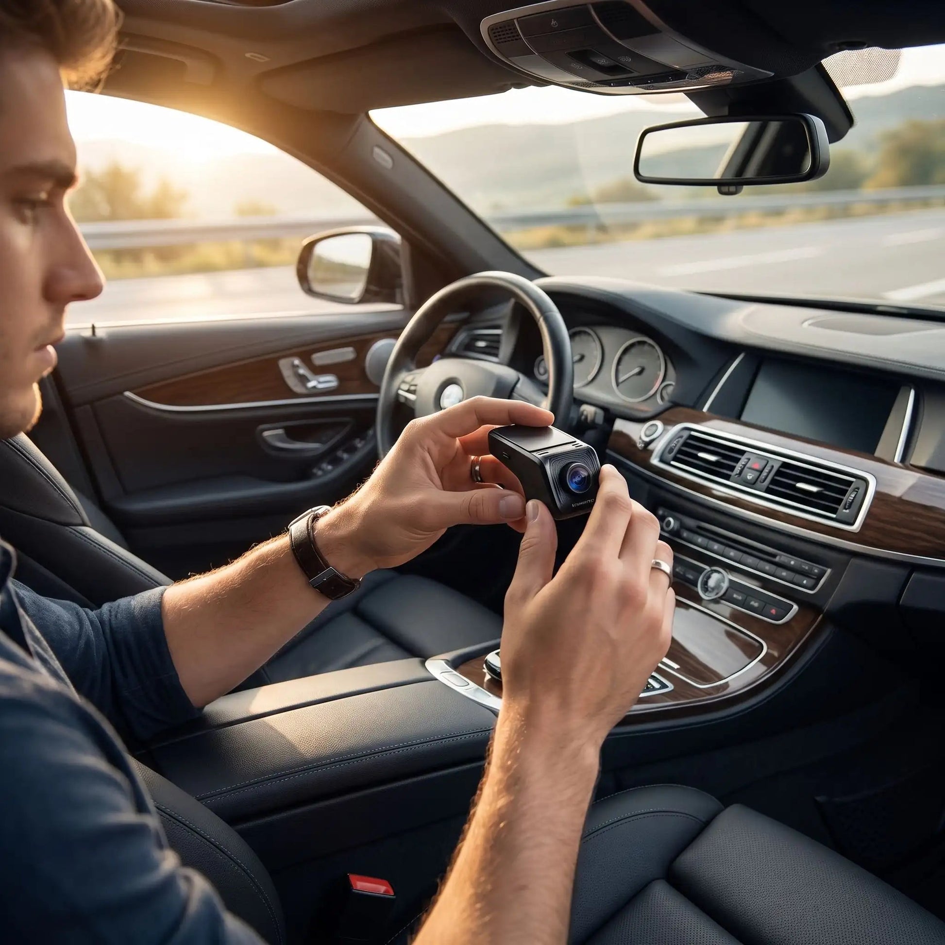 camera pour voiture dans les mains jeune homme assis dans la voiture