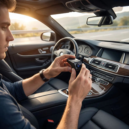 camera pour voiture dans les mains jeune homme assis dans la voiture