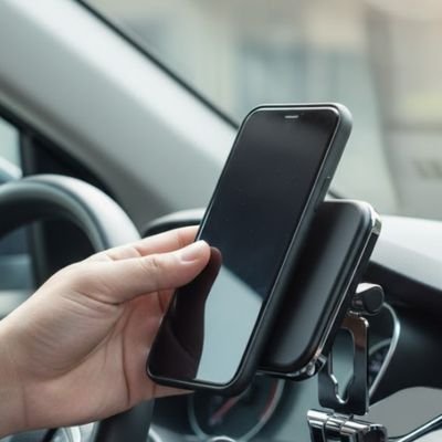 femme qui dépose smartphone support telephone voiture dans la voiture