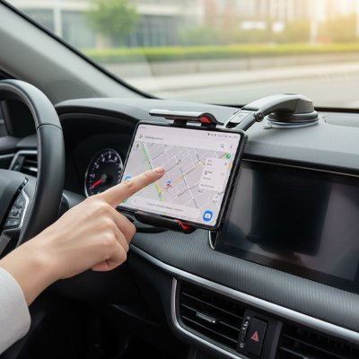 femme qui pointe son doigt vers le support pour tablette voiture