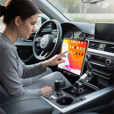 Femme qui vérifie son trajet avec Support pour tablette voiture