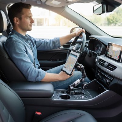 Homme conduisant avec support pour tablette voiture