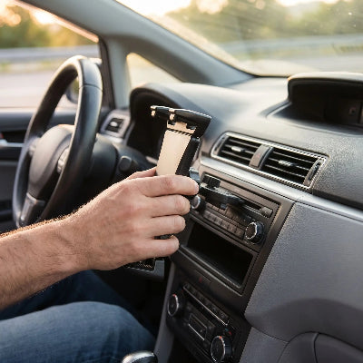 homme qui insère support tablette pour voiture dans lecteur CD