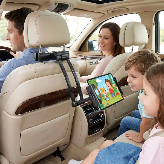 support tablette voiture fixé sur appui-tête avec famille dans voiture