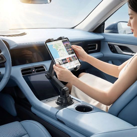 support tablette voiture une passagère qui installe la tablette