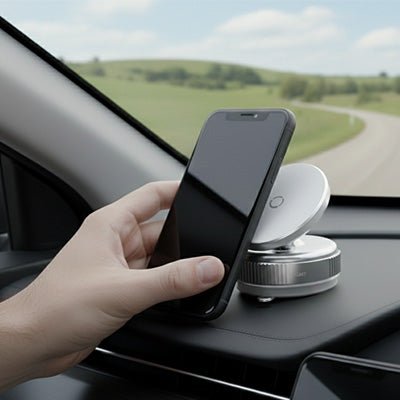 support telephone voiture avec main femme sur tableau bord