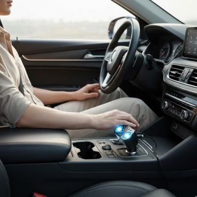 transmetteur fm bluetooth affichage LED et femme au volant