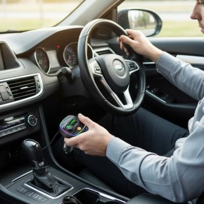 Transmetteur fm bluetooth et homme au volant du véhicule